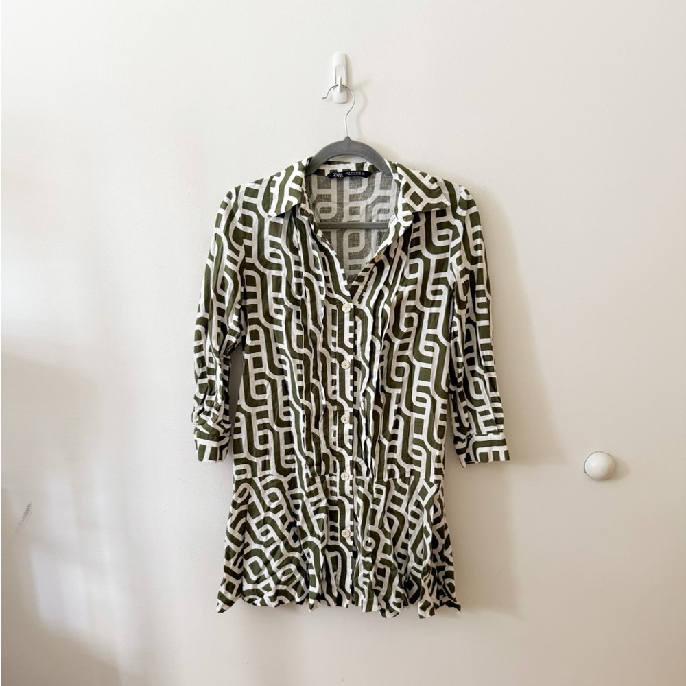 Zara Olive and White Long Sleeve Dress